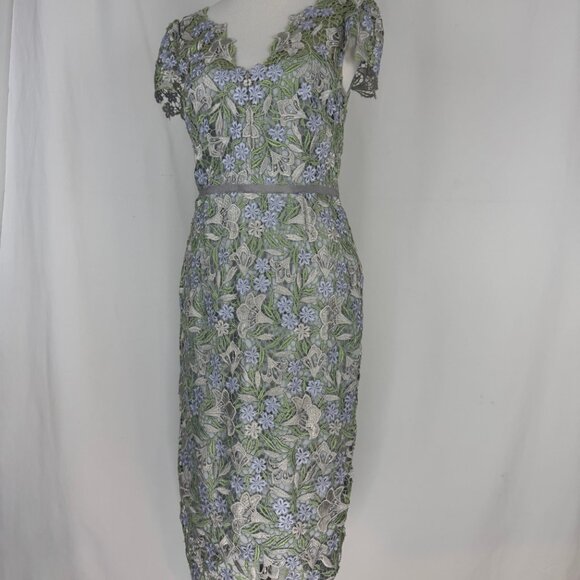 Marchesa Notte Ice Bell Bloom Sheath Crochet Overlay Dress Muted Blue 6 Small - Picture 6 of 16